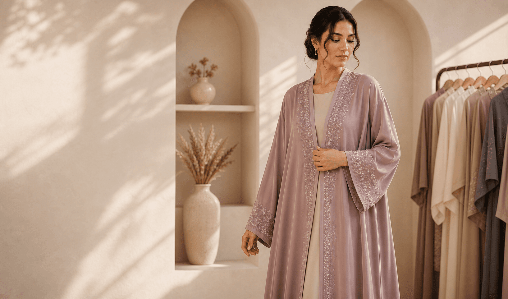 Woman in blush modest fashion in a warm, softly lit boutique interior