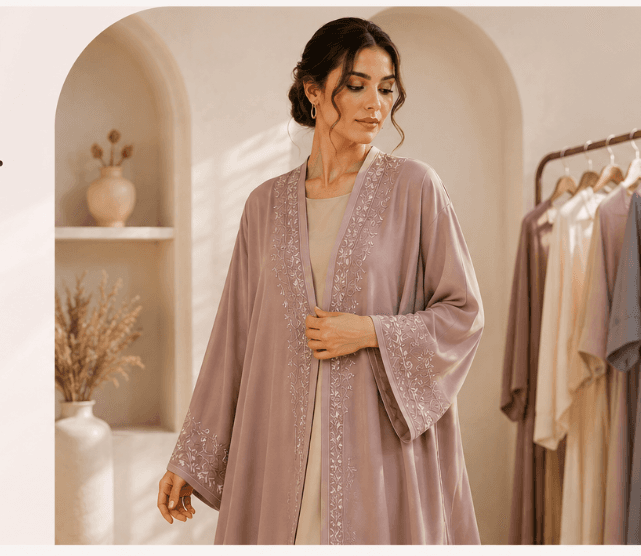 Woman wearing a dusty mauve embroidered abaya in a warm boutique